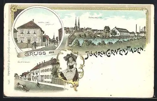 Lithographie Illkirch-Grafenstaden, Gasthaus Bronner, Hauptstrasse und Totalansicht
