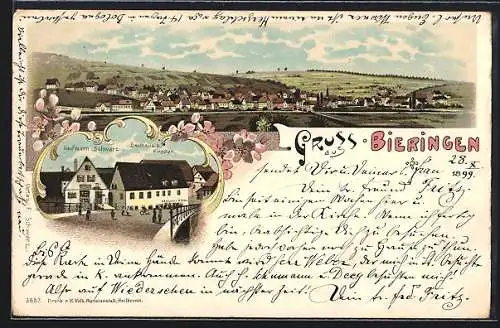 Lithographie Bieringen / Schöntal, Gasthaus zum Hirschen, Kaufmann Schwarz, Totalansicht
