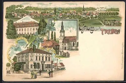 Lithographie Treben / Altenburg, Lange`s Restaurant, Kirche, Schloss, Totalansicht