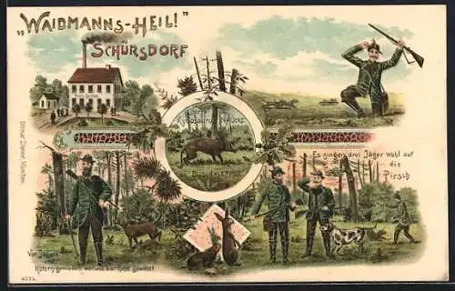 Lithographie Schürsdorf, Wolf`s Gasthaus, Der Kynosaurus Naucke od. Buschklepper, Jagdmotive