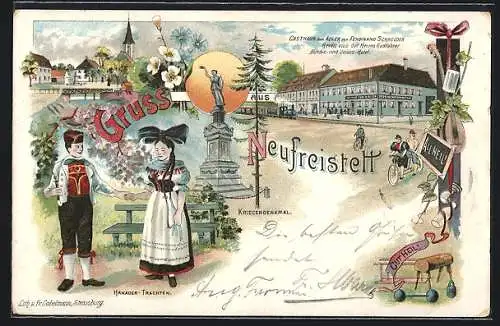 Lithographie Neufreistett, Gasthaus zum Adler, Hanauer Trachten