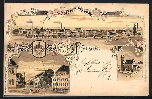 Lithographie Pfersee, Strassenbahn, Kirche und Totalansicht