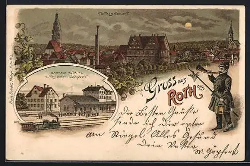 Lithographie Roth / Saale, Bahnhof, Restaurant Schubert, Totalansicht, Nachtwächter