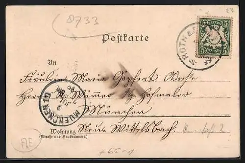 Lithographie Roth / Saale, Bahnhof, Restaurant Schubert, Totalansicht, Nachtwächter