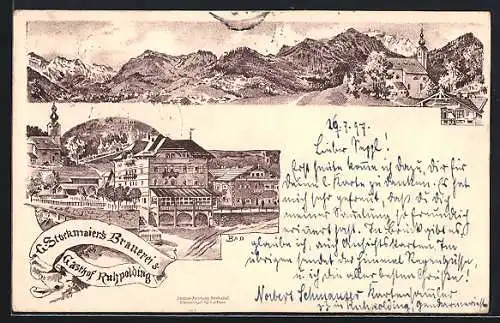 Lithographie Ruhpolding, G. Stockmaiers Brauerei und Gasthof, Totalansicht