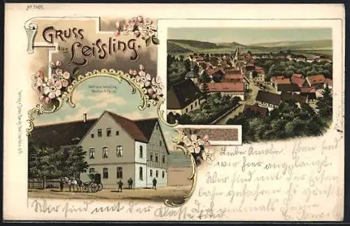 Lithographie Leissling, Gasthaus von A. Rauch, Ortsansicht