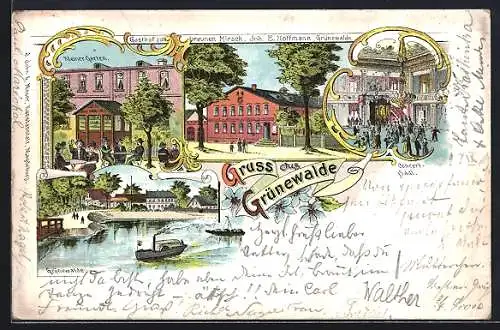 Lithographie Grünewalde / Elbe, Gasthof zum braunen Hirsch, Bootspartie
