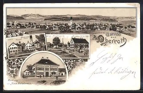 Lithographie Oberroth / Illertissen, Handlung von Alois Katzelmann, Brauerei v. W. Reitinger, Schule, Pfarrhaus u.a.