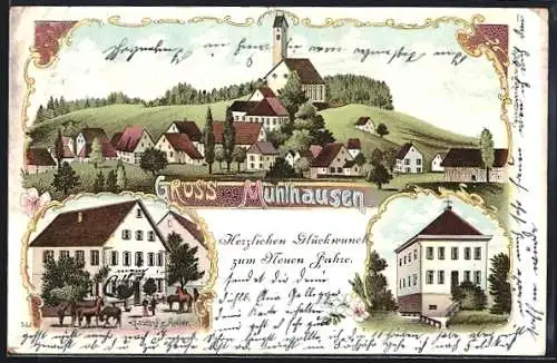 Lithographie Mühlhausen / Engen, Gasthof z. Adler, Ortspartie und Totalansicht