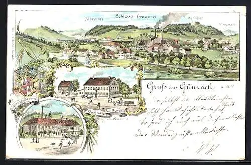 Lithographie Günzach, Gasthaus zum Hirsche, Schloss Brauerei, Totalansicht