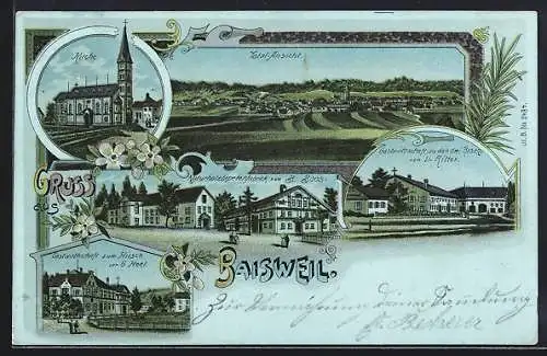 Lithographie Baisweil, Gasthaus zum Hirsch von G. Heel, Gasthaus zu den drei Rosen von L. Ritter
