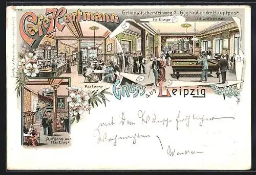 Lithographie Leipzig, Café Hartmann, Grimmaischersteinweg 2, Aufgang, Parterre und Billiardzimmer