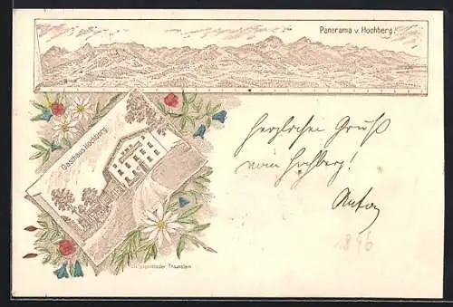 Lithographie Traunstein, Gasthaus Hochberg und Panorama