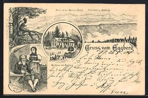 Lithographie Säckingen, Gasthaus zum Eggberg, Hauensteiner Trachten, Bergpanorama