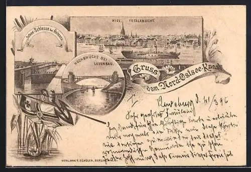 Lithographie Kiel, Ostsee-Schleuse bei Holtenau, Hochbrücke bei Levensau, Totalansicht