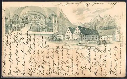 Lithographie Garmisch, Braustüberl und Restaurant, Innen und Aussen