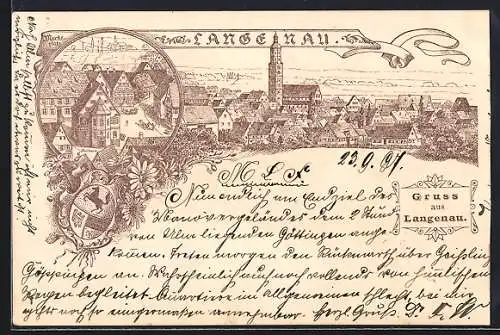 Lithographie Langenau / Württ., Totalansicht mit Kirchturm und Marktplatz über die Dächer