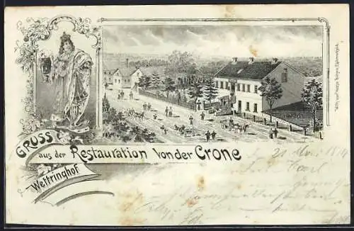 Lithographie Wettringhof, Restaurant von der Crone mit belebter Strassenpartie