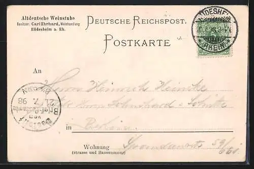 Lithographie Rüdesheim am Rhein, Restaurant Altdeutsche Weinstube mit Lokomotive