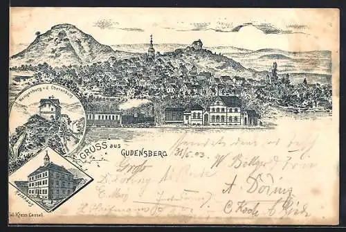 Lithographie Gudensberg, Wenigenburg v. d. Oberenburg, Rathaus, Totalansicht