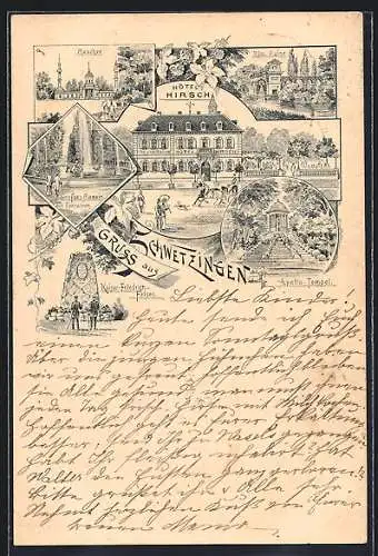 Lithographie Schwetzingen, Hotel Hirsch, Moschee, Apollo-Tempel