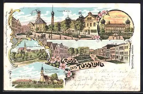 Lithographie Tüssling, Oberer Markt, Schloss, Engl. Institut