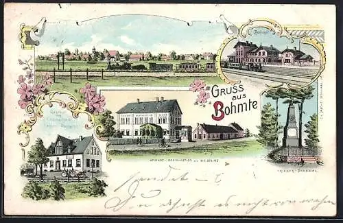 Lithographie Bohmte, Totalansicht, Bahnhof, Krieger-Denkmal, Gasthof von M. C. Seling, Eisenbahn