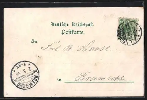 Lithographie Bohmte, Totalansicht, Bahnhof, Krieger-Denkmal, Gasthof von M. C. Seling, Eisenbahn