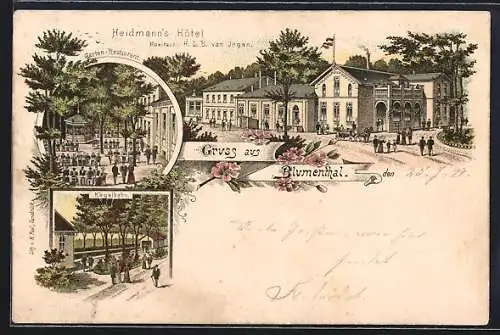 Lithographie Blumenthal / Hannover, Kegelbahn, Garten-Restaurant, Blick auf das Heidmann`s Hotel