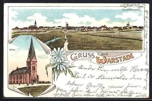 Lithographie Warstade, Kirche, Ortsansicht aus der Vogelschau