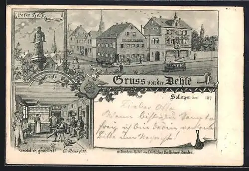 Lithographie Solingen, Gasthof Dehle, Strassenbahn