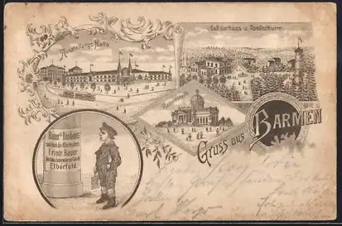 Lithographie Barmen, Austellungshalle, Luftkurhaus, Ruhmeshalle, Weingrosshandlung Fritz Berger
