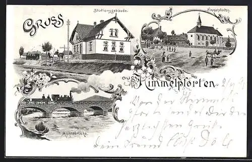 Lithographie Himmelpforten / Soest, Möhnebrücke, Blick zum Stationsgebäude, Kirche