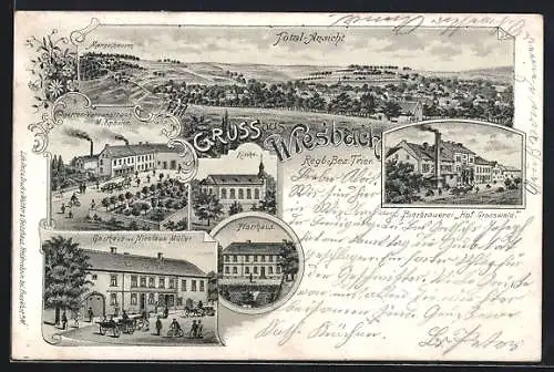 Lithographie Wiesbach / Eppelborn, Gasthaus Nicolaus Müller, Brauerei Hof Grosswald, Cigarren-Versandhaus M. Kessler