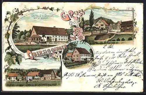 Lithographie Obersiggingen, Gasthaus z. Sternen v. J. Waibel, Posthalterei