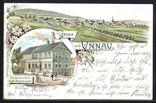 Lithographie Unnau, Gastwirtschaft v. Karl Herkersdorf, Ortsansicht