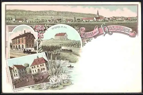 Lithographie Hosskirch, Bahnhof, Krugs Anwesen, Ortsansicht