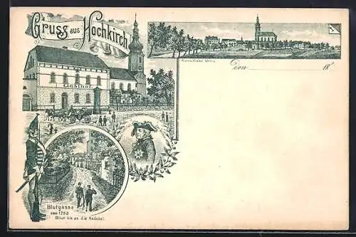 Lithographie Hochkirch, Gasthof und Kirche, Blutgasse