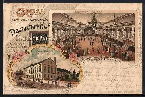 Lithographie Chemnitz-Altendorf, Gasthaus zum Deutschen Hof, Bes.: Oswald Müller