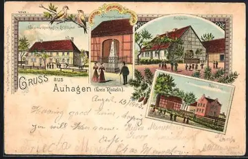 Lithographie Auhagen /Kreis Rinteln, Gastwirtschaft v. H. Böhme, Schule, Forsthaus