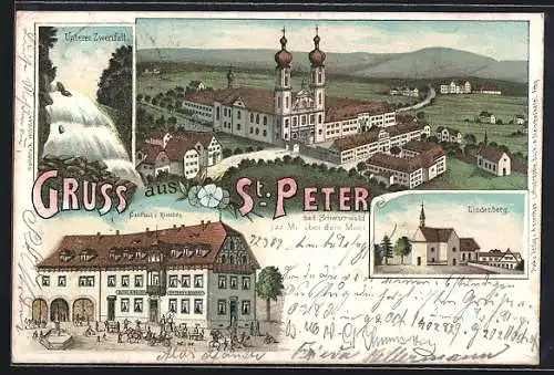 Lithographie St. Peter / Schwarzwald, Gasthaus z. Hirschen, Unterer Zwerifall, Ortsansicht