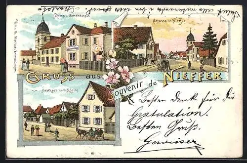 Lithographie Nieffer, Gasthaus zum Rössle, Kirche, Gemeindehaus