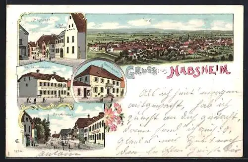 Lithographie Habsheim, Gemeindehaus, Holzgasse, Gasthaus zur Krone
