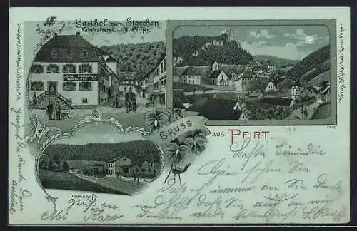 Lithographie Pfirt, Gasthof zum Storchen v. J. Pfiffer, Bahnhof