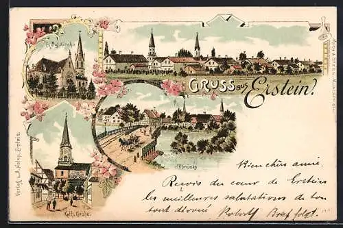 Lithographie Erstein, Evang. Kirche, Kath. Kirche, Illbrücke