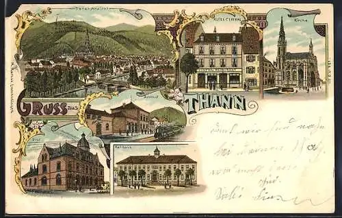 Lithographie Thann / Elsass, Bahnhof, Hotel Central, Post, Rathaus