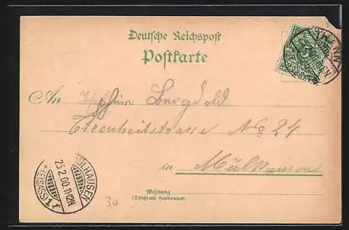 Lithographie Thann / Elsass, Bahnhof, Hotel Central, Post, Rathaus