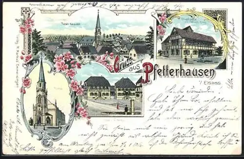 Lithographie Pfetterhausen, Hotel v. V. Heinis, Uhrenfabrik v. V. Heinis Sohn