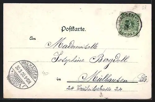 Lithographie Pfetterhausen, Hotel v. V. Heinis, Uhrenfabrik v. V. Heinis Sohn