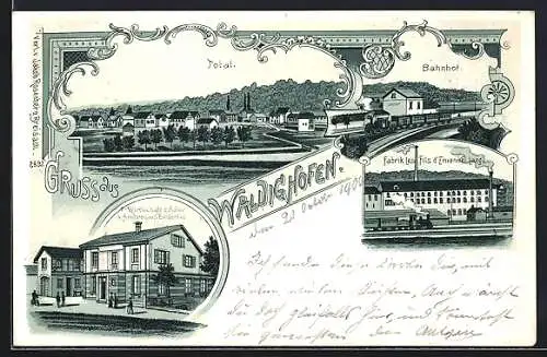 Lithographie Waldighofen, Wirtschaft z. Adler v. Ambrosius Enderlin, Bahnhof